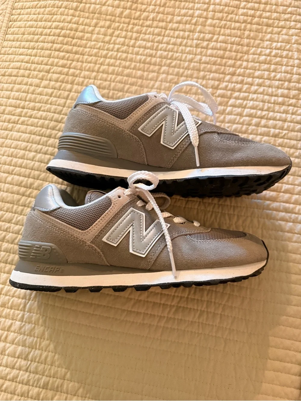 New Balance 574 Taupe Gray and White Mesh Suede Sneakers